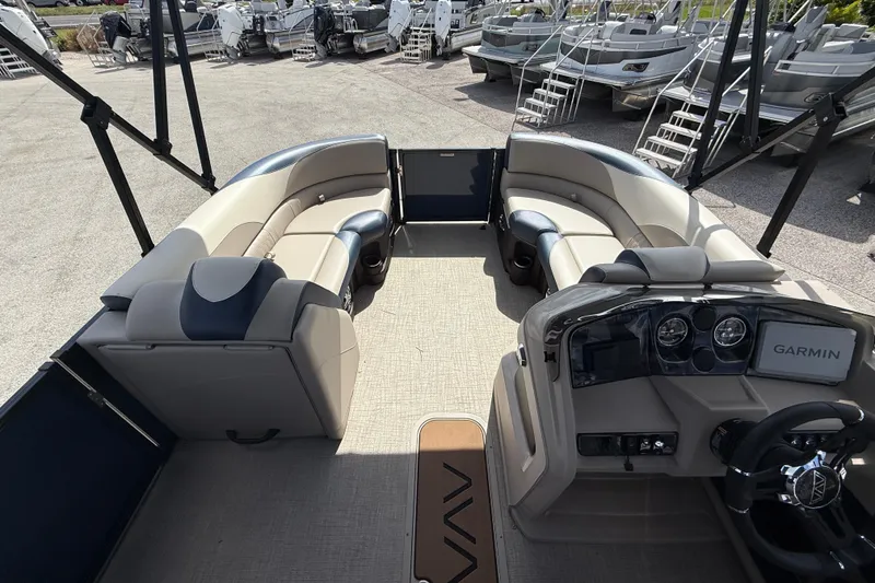 Slide: The Image of 2025 Avalon 2385 LSZ Quad Lounger Tri Toon interior with Garmin navigation system. - 27