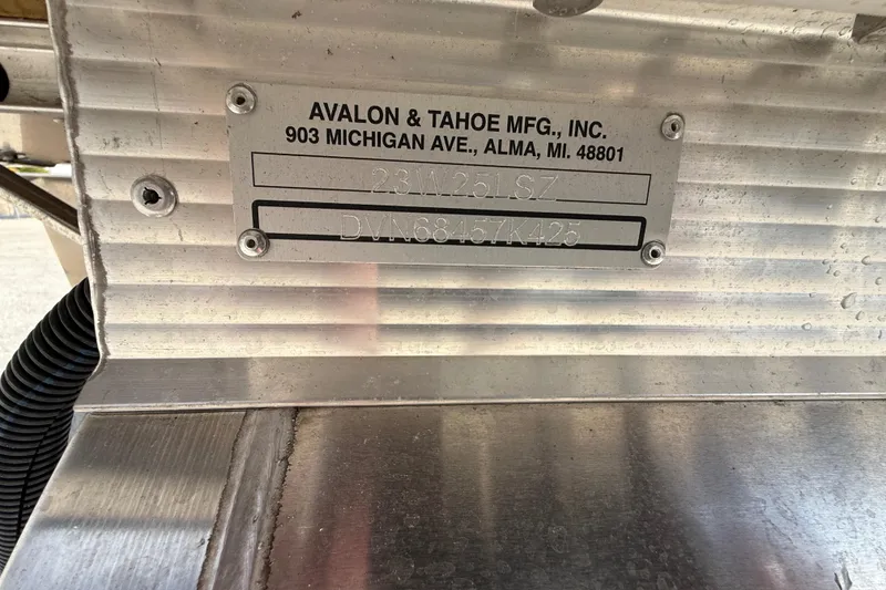 Slide: The Image of 2025 Avalon 2385 LSZ Quad Lounger, Tri Toon, High Performance, manufacturer plate detail. - 40