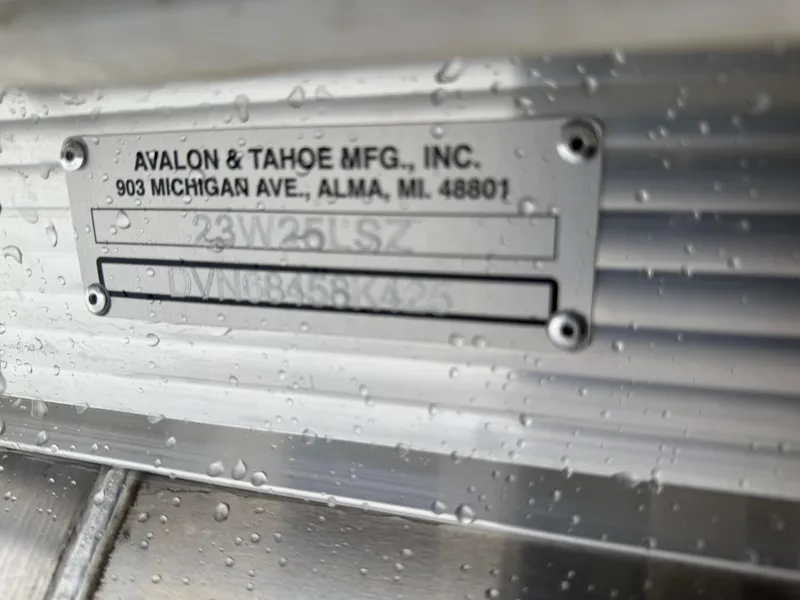 Slide: The Image of Water droplets on Avalon LSZ Quad Lounger 2025 model identification plate, showcasing manufacturing details. - 27