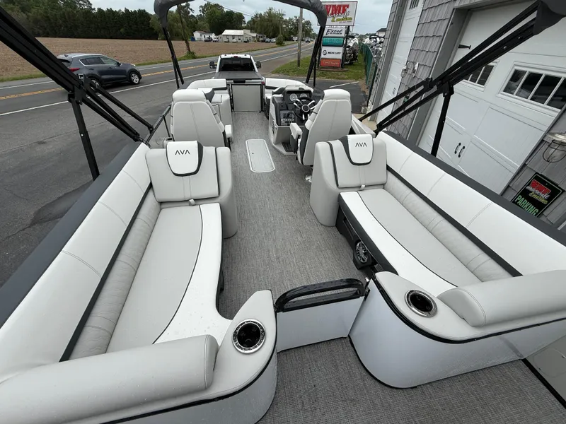 Slide: The Image of 2025 Avalon 2385 Catalina Quad Lounger, Tri Toon High Performance boat interior with plush seating. - 11