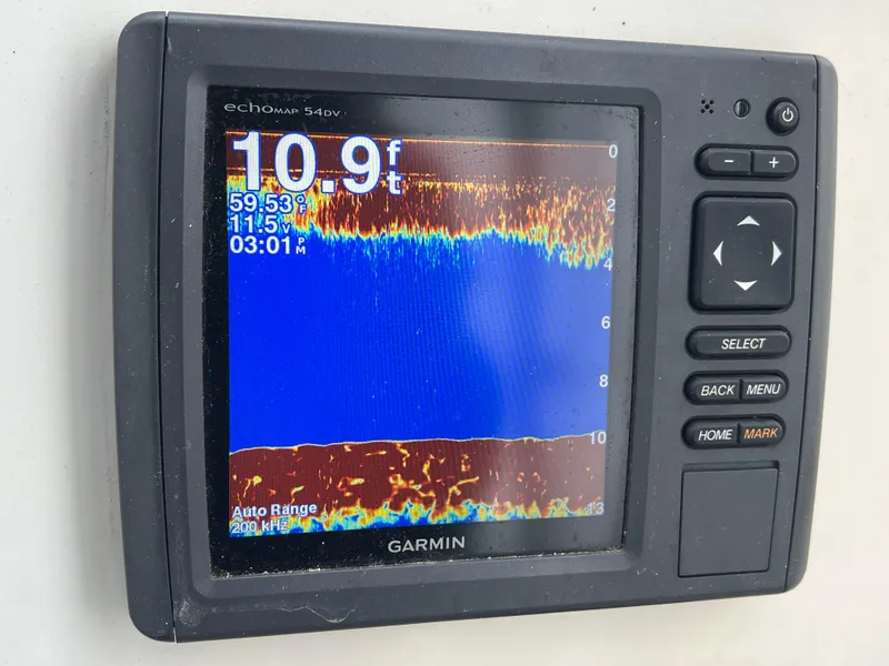 Slide: The Image of Garmin echomap 54dv fishfinder displaying depth of 10.9 feet on Mako 250 Cuddy Cabin. - 8