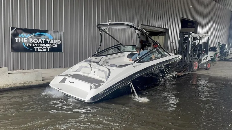 Slide: The Image of 2015 Yamaha AR190 boat undergoing performance test at The Boat Yard facility. - 2