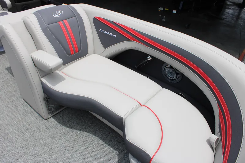 Slide: The Image of 2025 Barletta Corsa 23UC boat seating with gray and red upholstery. - 18