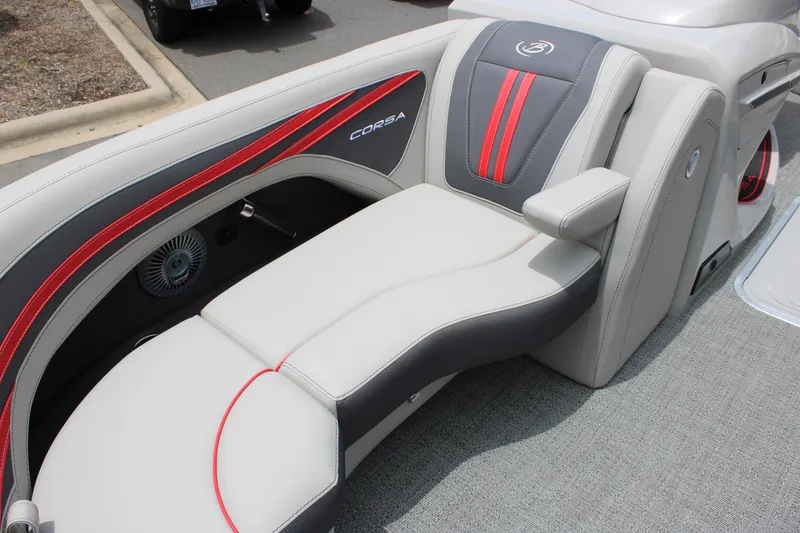 Slide: The Image of 2025 Barletta Corsa 23UC boat interior with sleek gray and red seating design. - 19