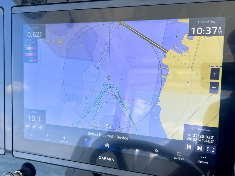 Slide: The Image of Garmin marine navigation display on World Cat 400 CC-X, showing map and coordinates. - 48