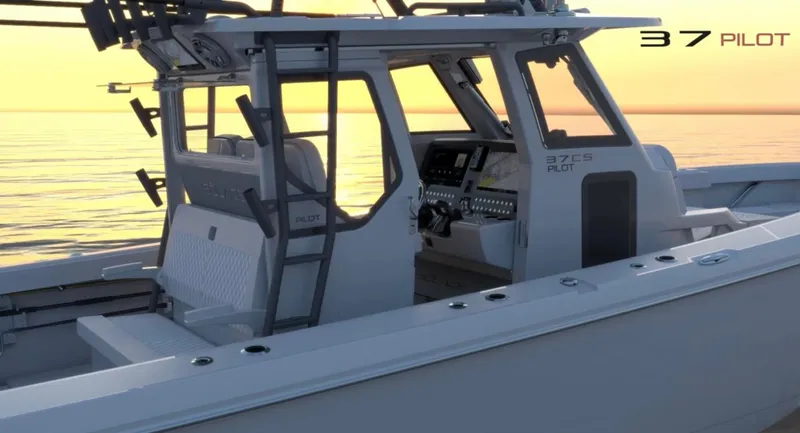 Slide: The Image of 2025 Solace 37 PILOT boat interior at sunset, showcasing modern design and advanced controls. - 12