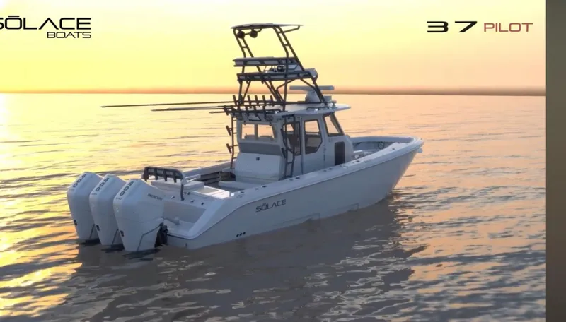 Slide: The Image of 2025 Solace 37 PILOT boat on calm water at sunset. - 13