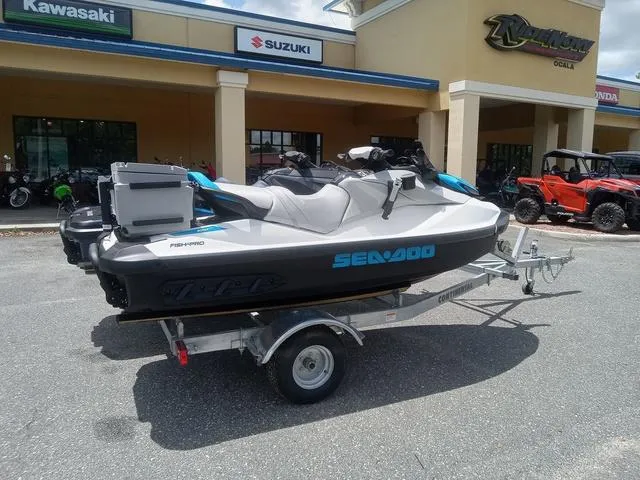 Slide: The Image of 2025 Sea-Doo Waverunner FISH PRO on trailer outside dealership. - 12