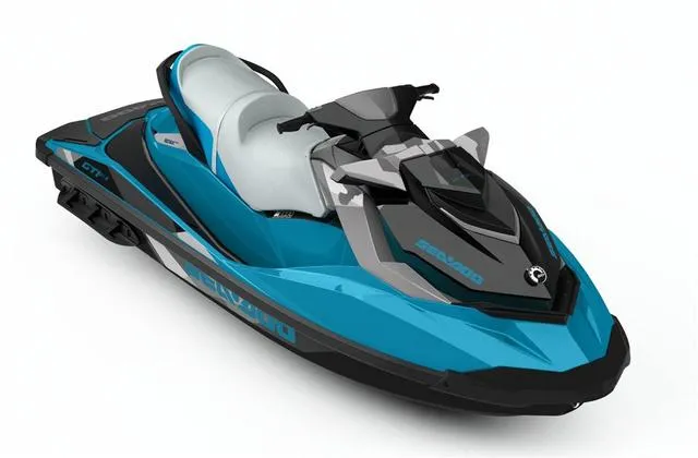 Slide: The Image of 2018 Sea-Doo Waverunner GTI in blue and black, sleek design, side view. - 1