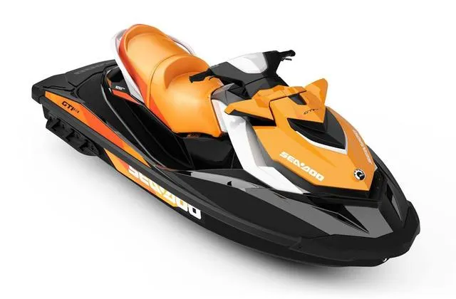 Slide: The Image of 2018 Sea-Doo GTI Waverunner, orange and black, side view. - 2