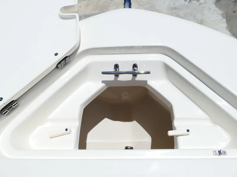 Slide: The Image of Open storage compartment on 2026 Pioneer 202 Islander boat, featuring sleek white design. - 36