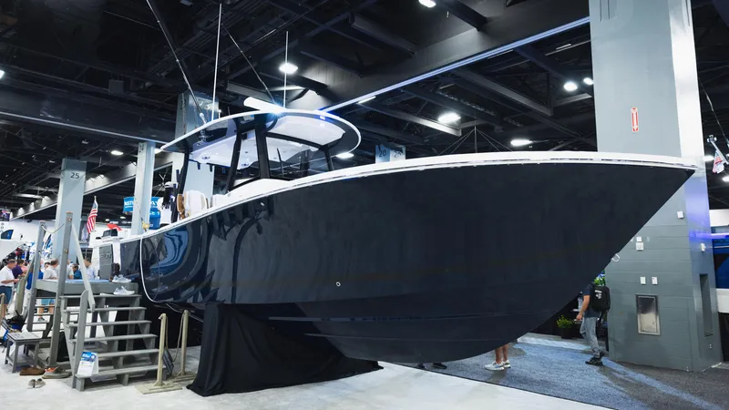 The Image of 2026 Regulator 35 boat displayed at an indoor exhibition. - 0