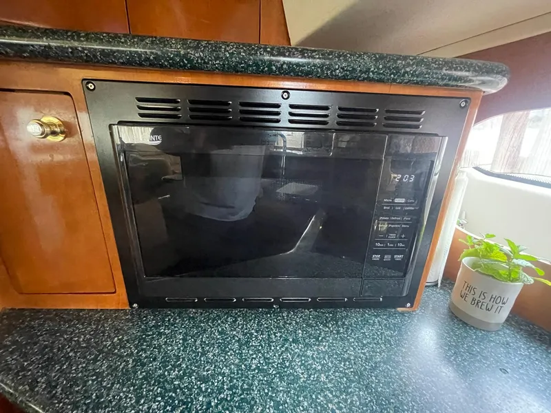 Slide: The Image of Microwave in Carver 506 Motor Yacht kitchen, 2000 model, with plant and decorative mug nearby. - 24