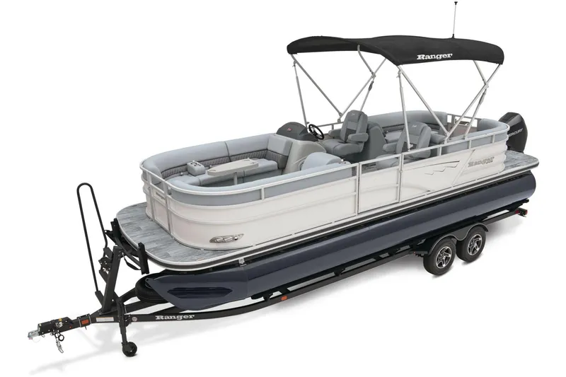 Slide: The Image of 2025 Ranger Reata 243C pontoon boat with spacious seating and modern design. - 10