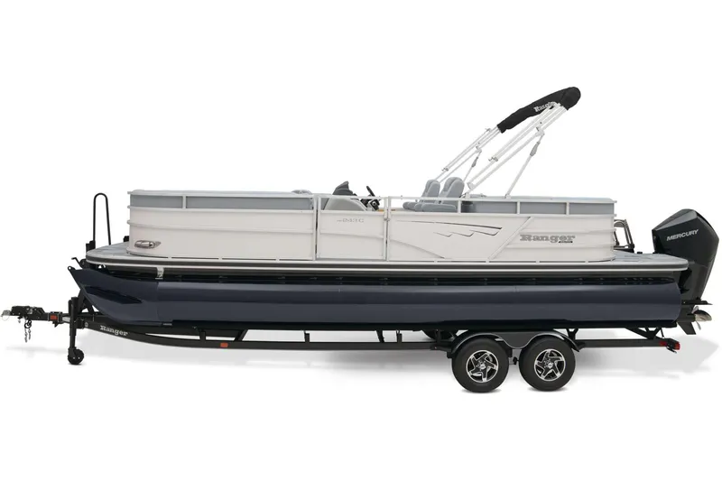 Slide: The Image of 2025 Ranger Reata 243C pontoon boat with sleek seating and modern design. - 11