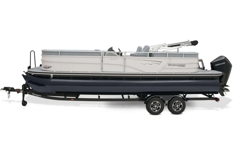 Slide: The Image of 2025 Ranger Reata 243C boat interior with gray cushioned seating and modern design. - 12