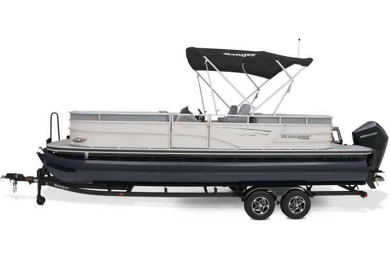 Slide: The Image of 2025 Ranger Reata 243C pontoon boat with spacious seating and modern design. - 13