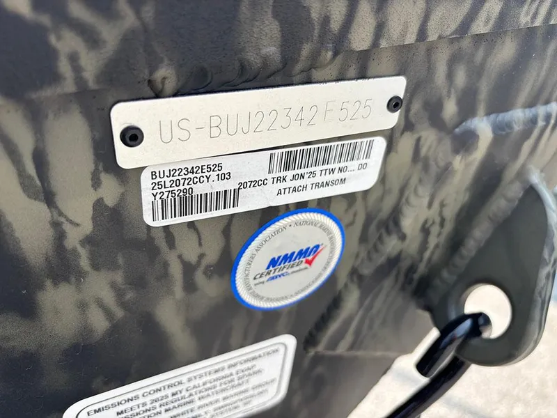 Slide: The Image of 2025 Tracker Grizzly 2072 CC boat identification plate with serial numbers and NMMA certification. - 23