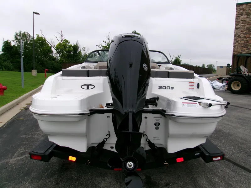 Slide: The Image of 2025 Tahoe 200 S boat, rear view with outboard motor, parked on pavement. - 2
