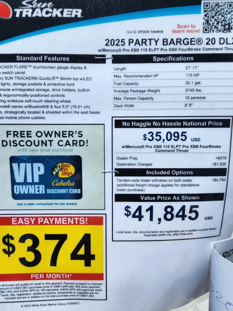 Slide: The Image of 2025 Sun Tracker Party Barge 20 DLX price details and features display. - 4