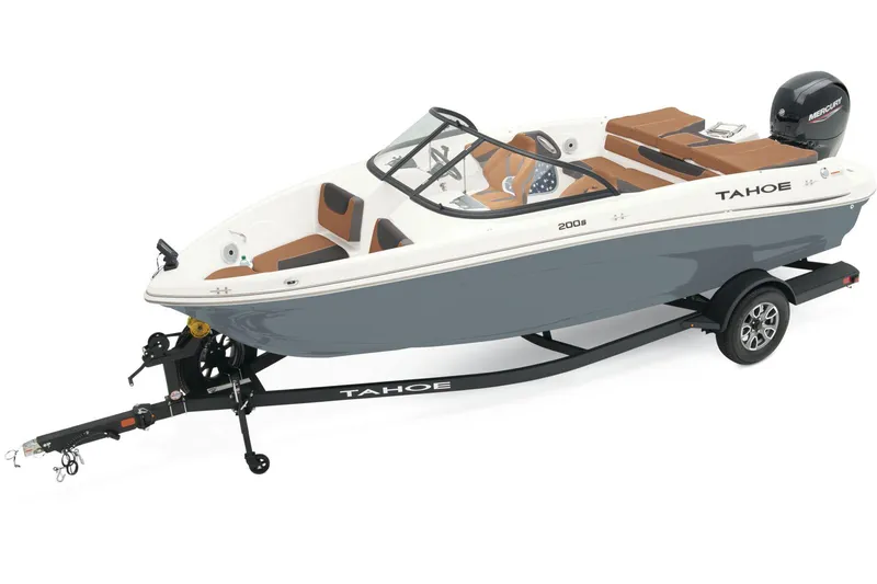 Slide: The Image of 2025 Tahoe 200 S boat with outboard motor, parked outdoors on a sunny day. - 4