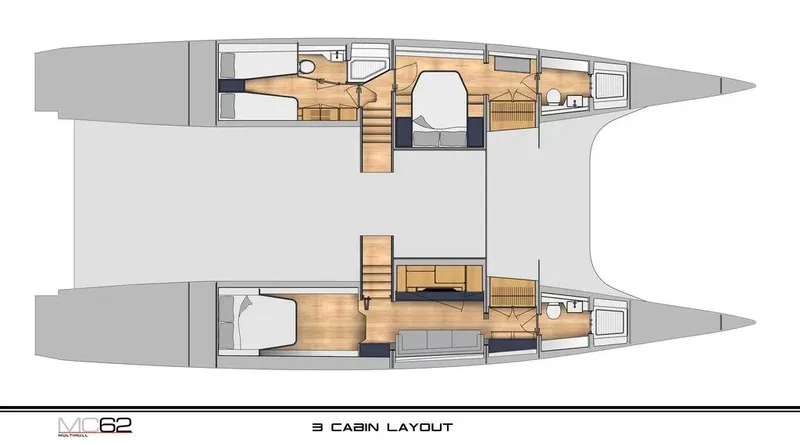 Slide: The Image of 2026 McConaghy MC62 yacht, three-cabin layout, detailed interior floor plan. - 13