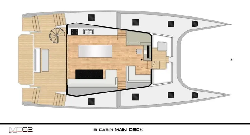 Slide: The Image of Floor plan of 2026 McConaghy MC62 yacht, featuring a spacious three-cabin main deck layout. - 14