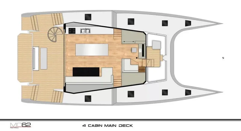 Slide: The Image of Floor plan of a 2026 McConaghy MC62 yacht, featuring a 4-cabin main deck layout. - 16