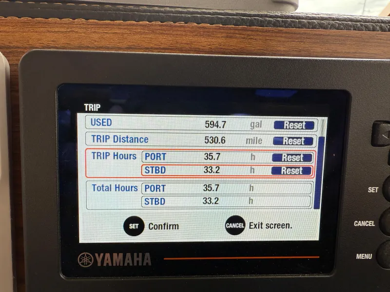 Slide: The Image of Yamaha display on 2023 Cutwater C-32 CB showing trip data and fuel usage. - 35