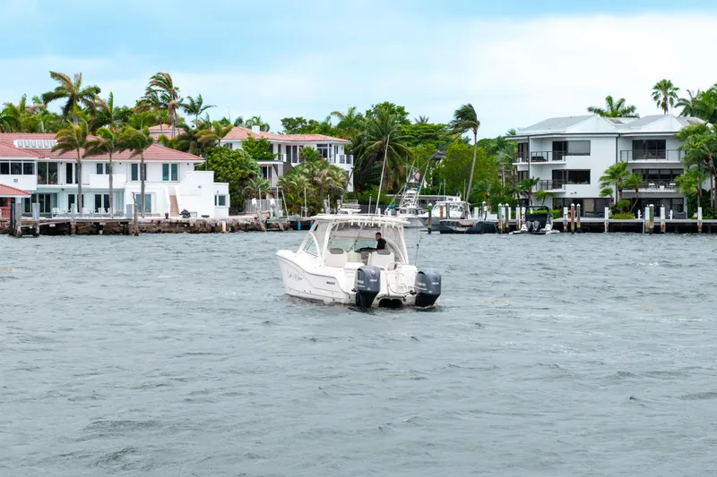 Slide: The Image of 2019 World Cat 296DC boat cruising near waterfront homes and palm trees. - 18