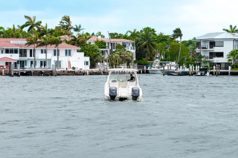 Slide: The Image of 2019 World Cat 296DC boat cruising near waterfront homes and palm trees. - 20