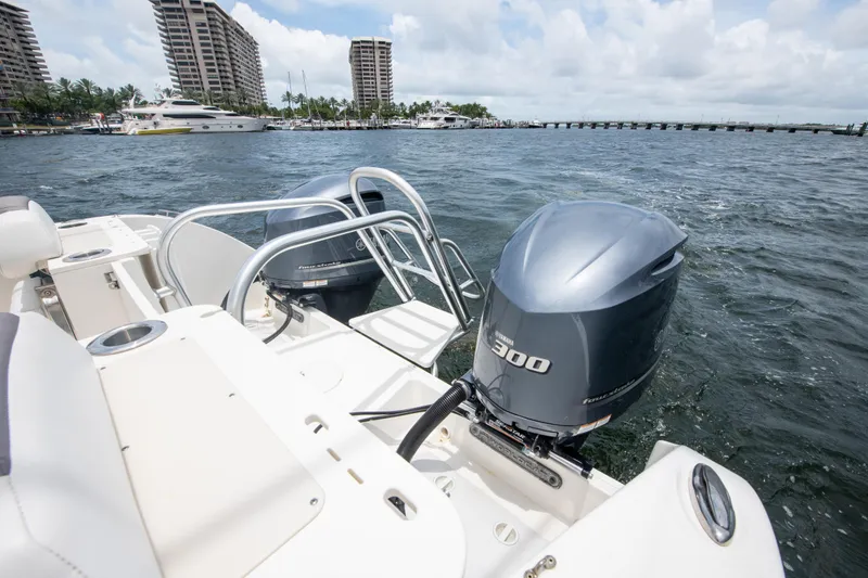 Slide: The Image of 2019 World Cat 296DC boat with dual engines on a scenic waterfront. - 28