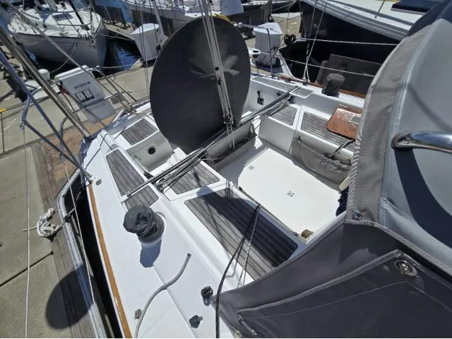 Slide: The Image of Beneteau First 36.7 sailboat deck, 2002 model, docked at marina. - 10