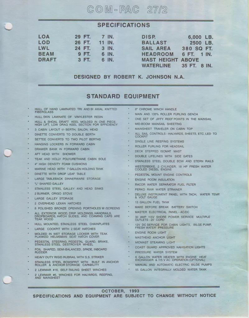 Slide: The Image of Specifications sheet for 1996 Com-Pac 27-2 sailboat, designed by Robert K. Johnson. - 26