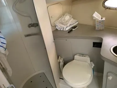 Slide: The Image of 1989 Trojan 12 Meter Convertible yacht bathroom with shower, toilet, and sink. - 30