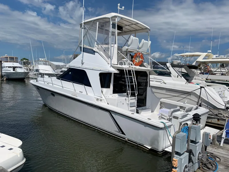 The Image of 1989 Trojan 12 Meter Convertible yacht docked at marina under blue sky. - 0