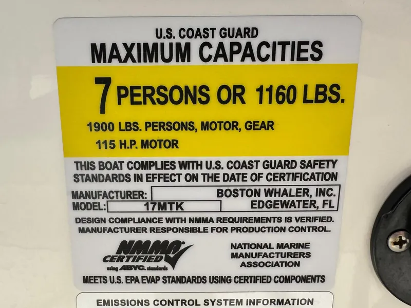 Slide: The Image of Capacity label for 2021 Boston Whaler 170 Montauk, 7 persons or 1160 lbs, 115 HP motor. - 24