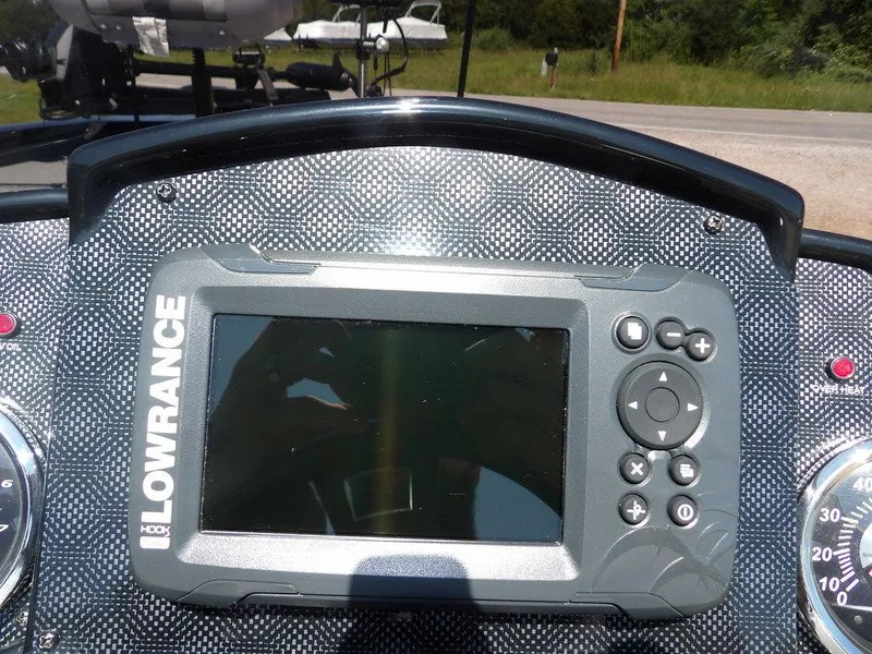 Slide: The Image of Lowrance fish finder on 2020 G3 Sportsman 1810 boat dashboard. - 23