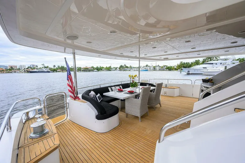 Slide: The Image of Luxurious 2009 Princess 95 yacht deck with elegant seating and scenic waterfront view. - 25