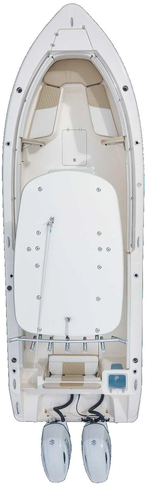 Slide: The Image of 2026 Bulls Bay 255CC boat, top view, showcasing spacious deck and dual engines. - 1