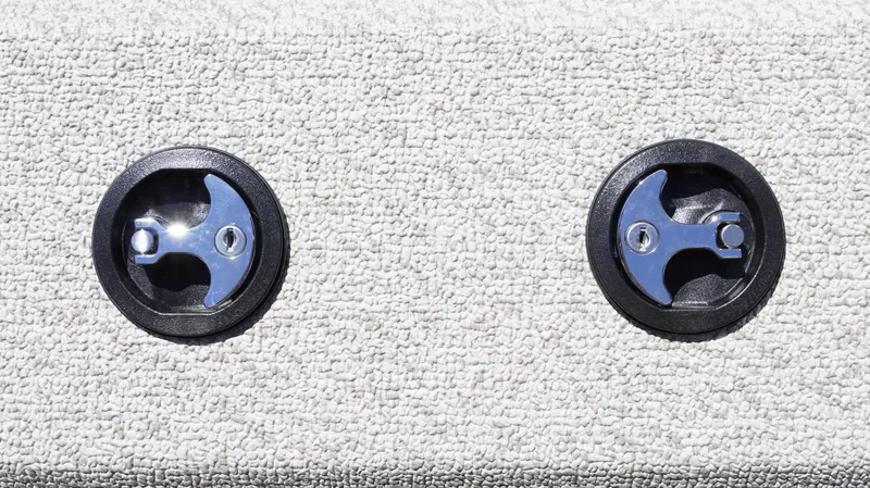 Slide: The Image of Two circular latches on G3 Sportsman 1710 boat, 2025 model. - 15