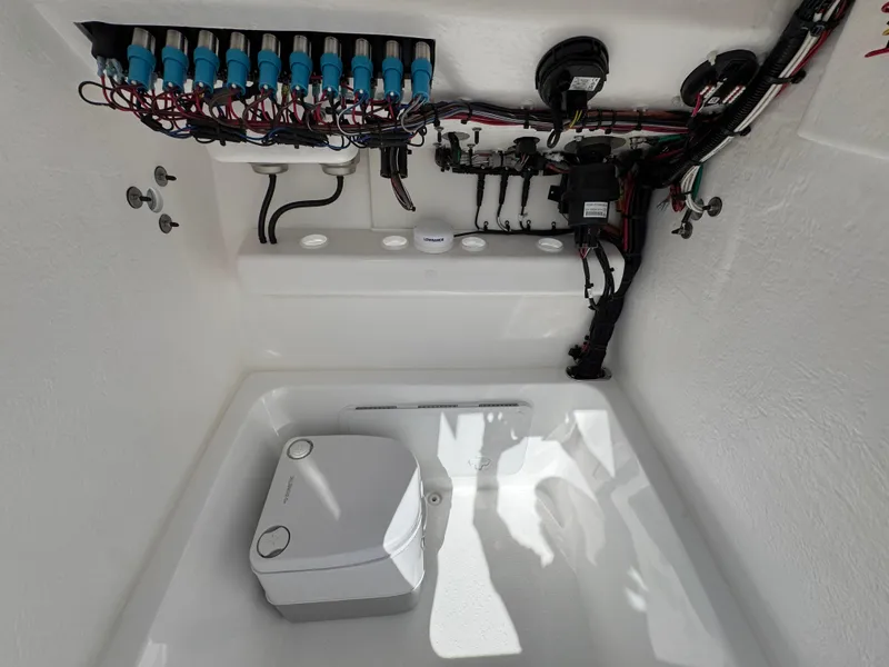 Slide: The Image of Electrical system and wiring inside a 2025 Cape Horn 22 OS boat. - 26