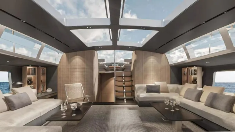 Slide: The Image of Luxurious interior of 2026 McConaghy MC85 yacht with modern design and panoramic windows. - 10