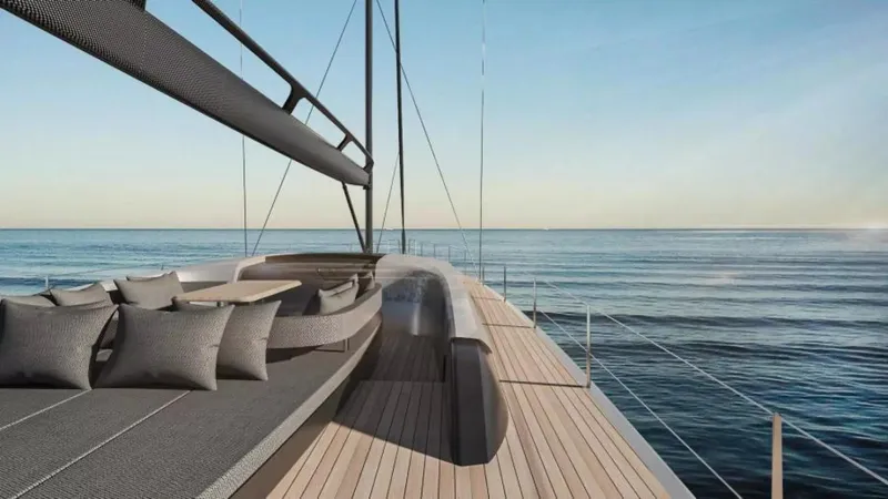 Slide: The Image of Luxurious 2026 McConaghy MC85 yacht deck with ocean view and elegant seating. - 11
