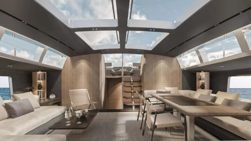 Slide: The Image of Luxurious interior of 2026 McConaghy MC85 yacht with modern furnishings and panoramic windows. - 12