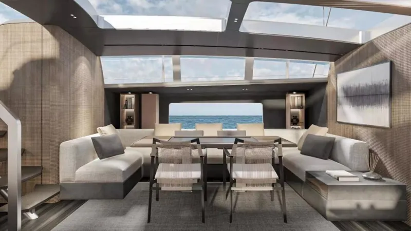 Slide: The Image of Luxurious interior of 2026 McConaghy MC85 yacht with modern seating and ocean view. - 13