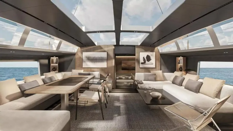 Slide: The Image of Luxurious interior of 2026 McConaghy MC85 yacht with modern furnishings and panoramic windows. - 14