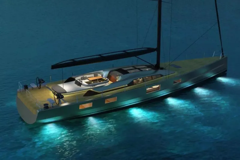Slide: The Image of Luxurious 2026 McConaghy MC85 yacht illuminated on serene waters at night. - 3