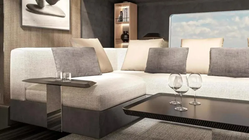 Slide: The Image of Luxurious interior of 2026 McConaghy MC85 yacht with modern seating and elegant decor. - 4