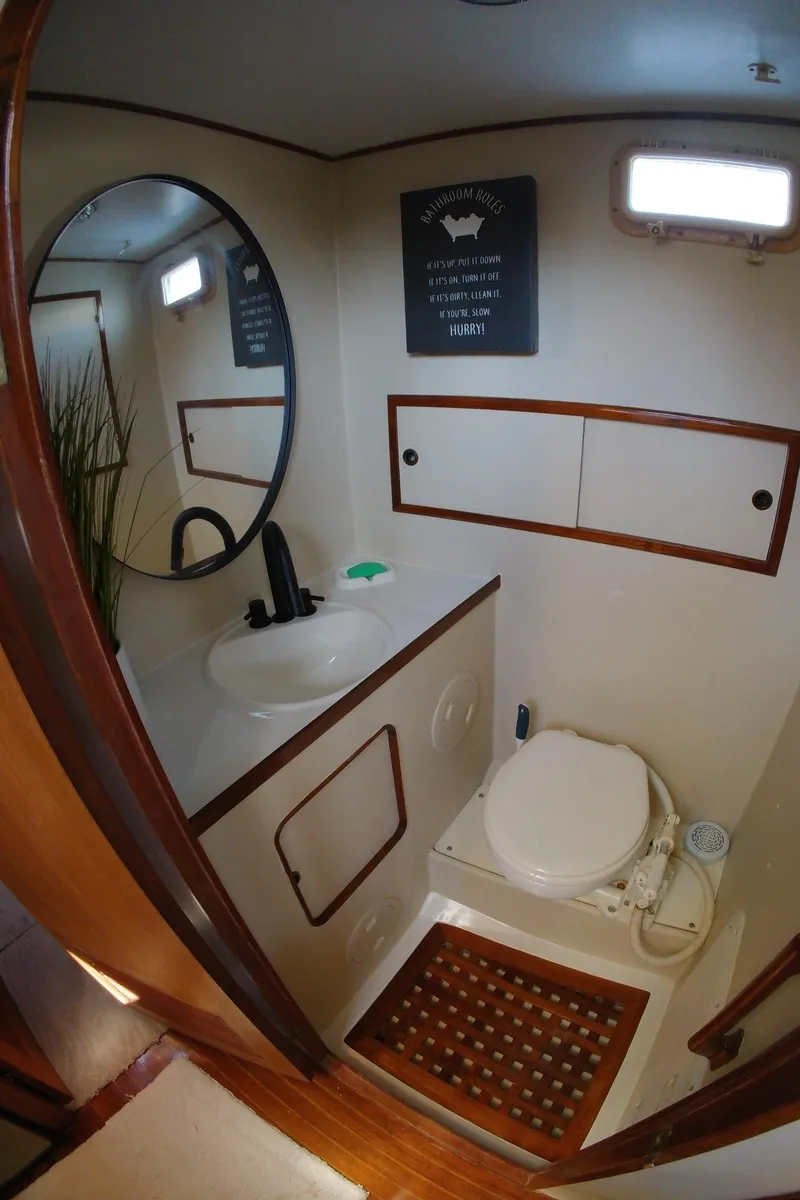 Slide: The Image of 1982 Albin 43 yacht bathroom with sink, toilet, mirror, and wooden accents. - 64